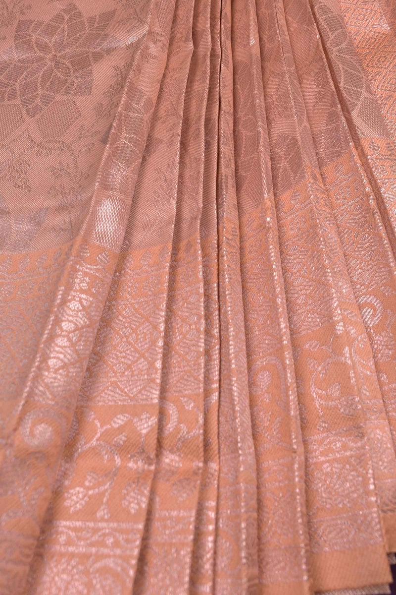 Peach With Silver Semi Silk Fancy Design Tissue Saree