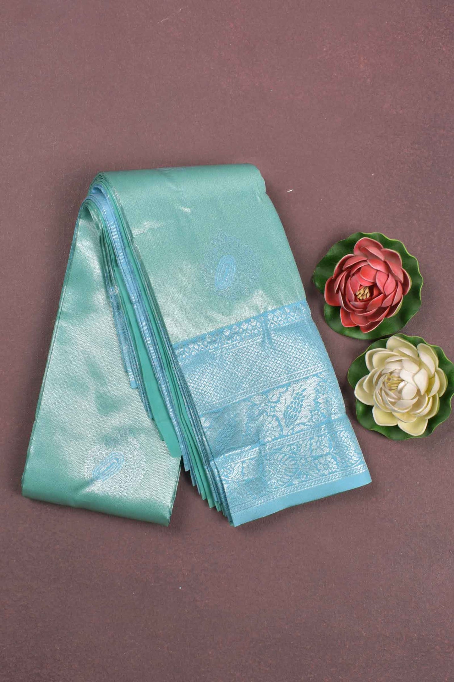 Light Green Semi Silk Fancy Butta Light Blue Pallu Border Saree