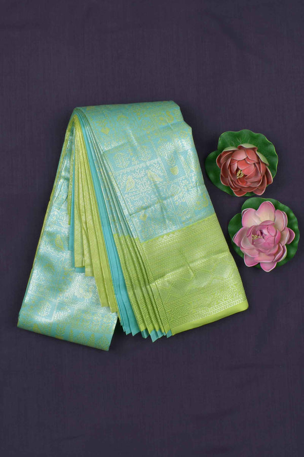 Sky Blue With Light Green Semi Silk Fancy Tissue Design Green Border Saree