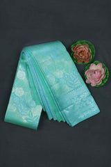 Blue With Light Green Semi Silk Floral Tissue Design Saree