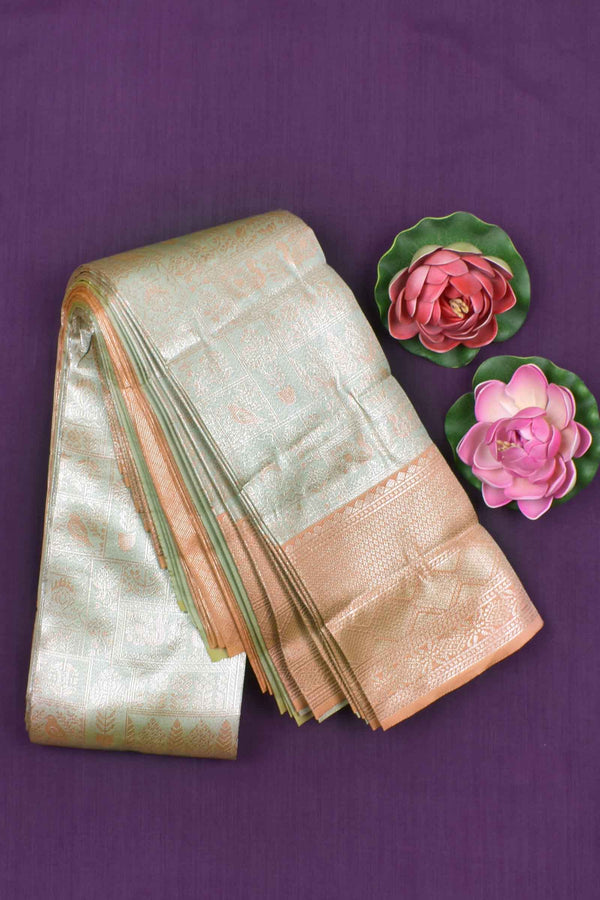 Pastel Green With Peach Semi Silk Fancy Tissue Peach Border Saree