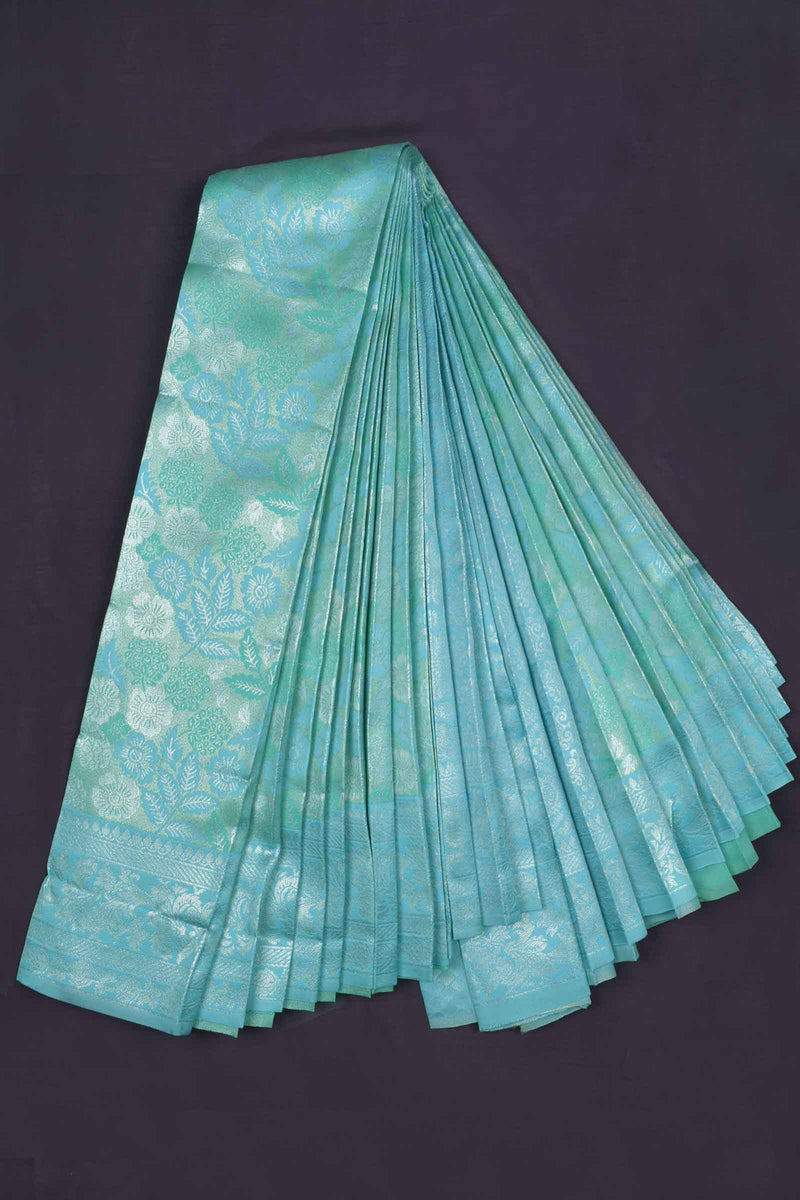 Blue With Light Green Semi Silk Floral Tissue Design Saree