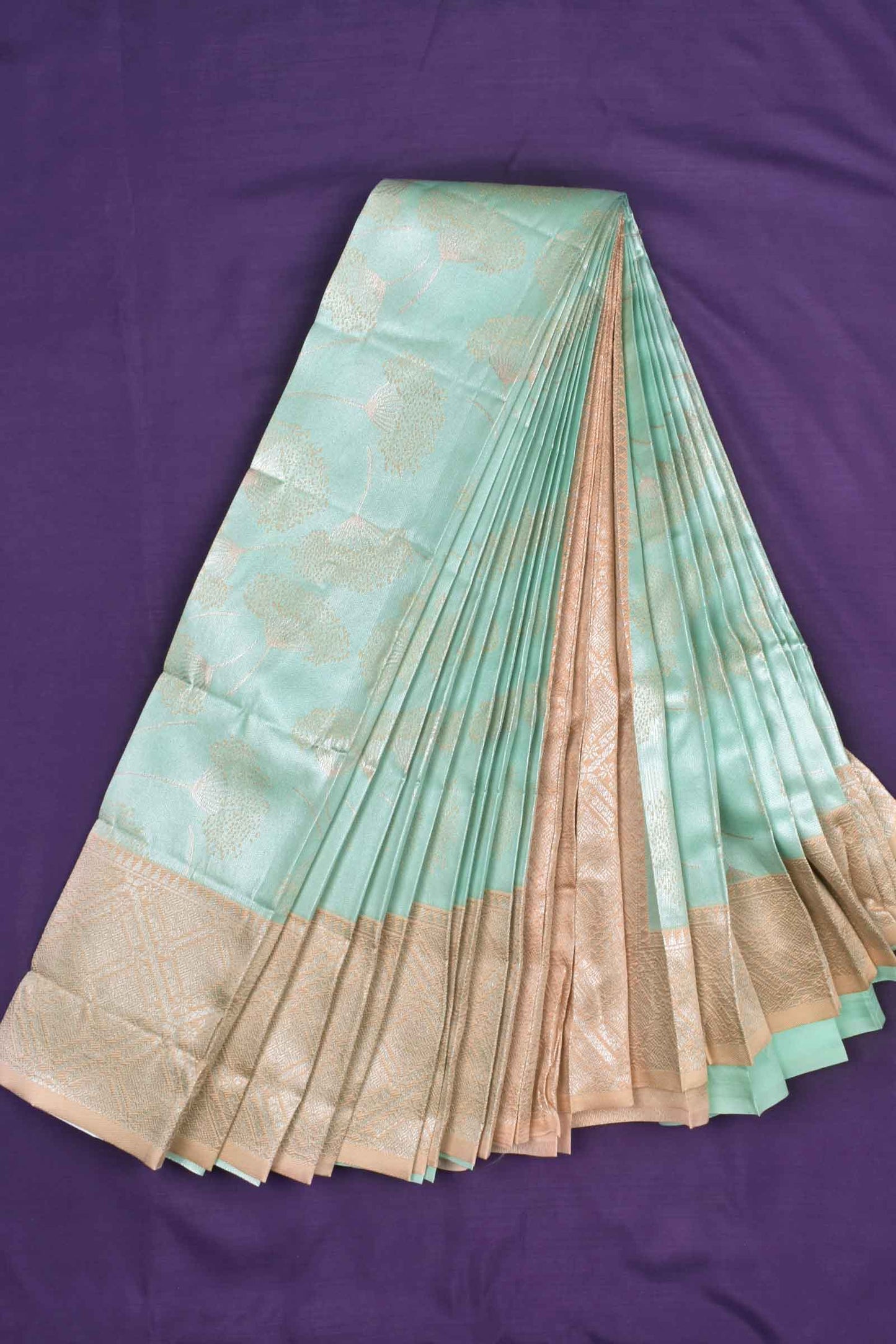 Marine Green With Beige Semi Silk Floral Tissue Peach Border Saree