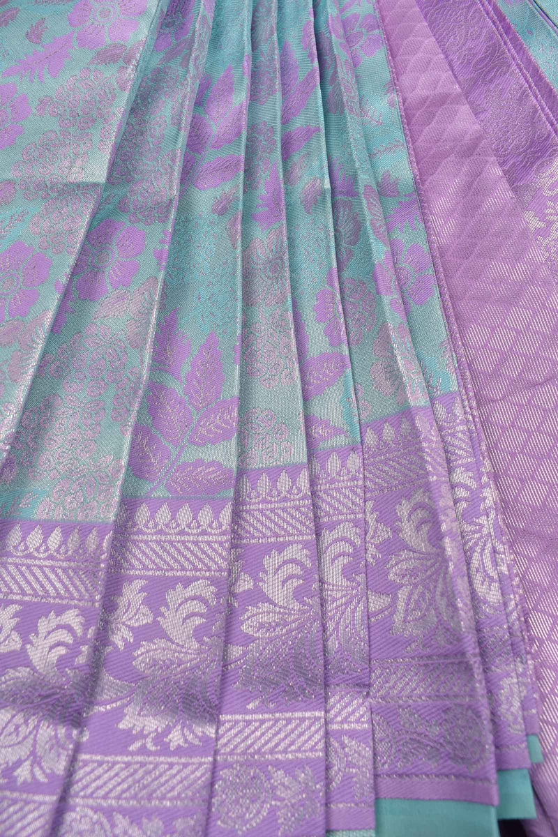 Marine Green With Lavender Semi Silk Floral Tissue Lavender Border Saree