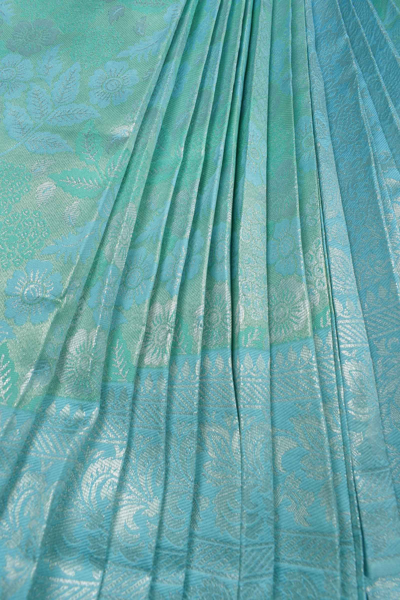 Blue With Light Green Semi Silk Floral Tissue Design Saree