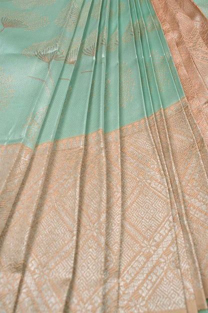 Marine Green With Beige Semi Silk Floral Tissue Peach Border Saree