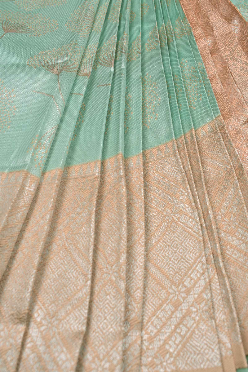 Marine Green With Beige Semi Silk Floral Tissue Peach Border Saree