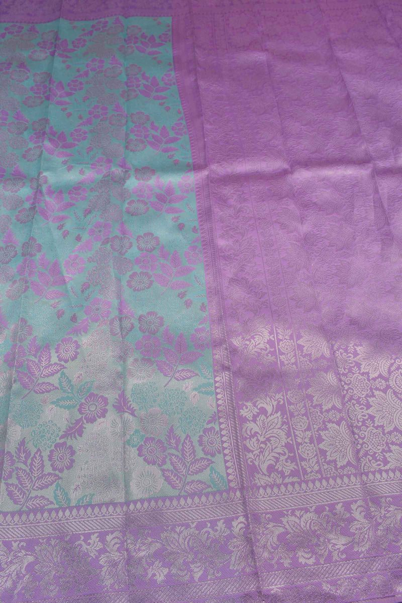 Marine Green With Lavender Semi Silk Floral Tissue Lavender Border Saree