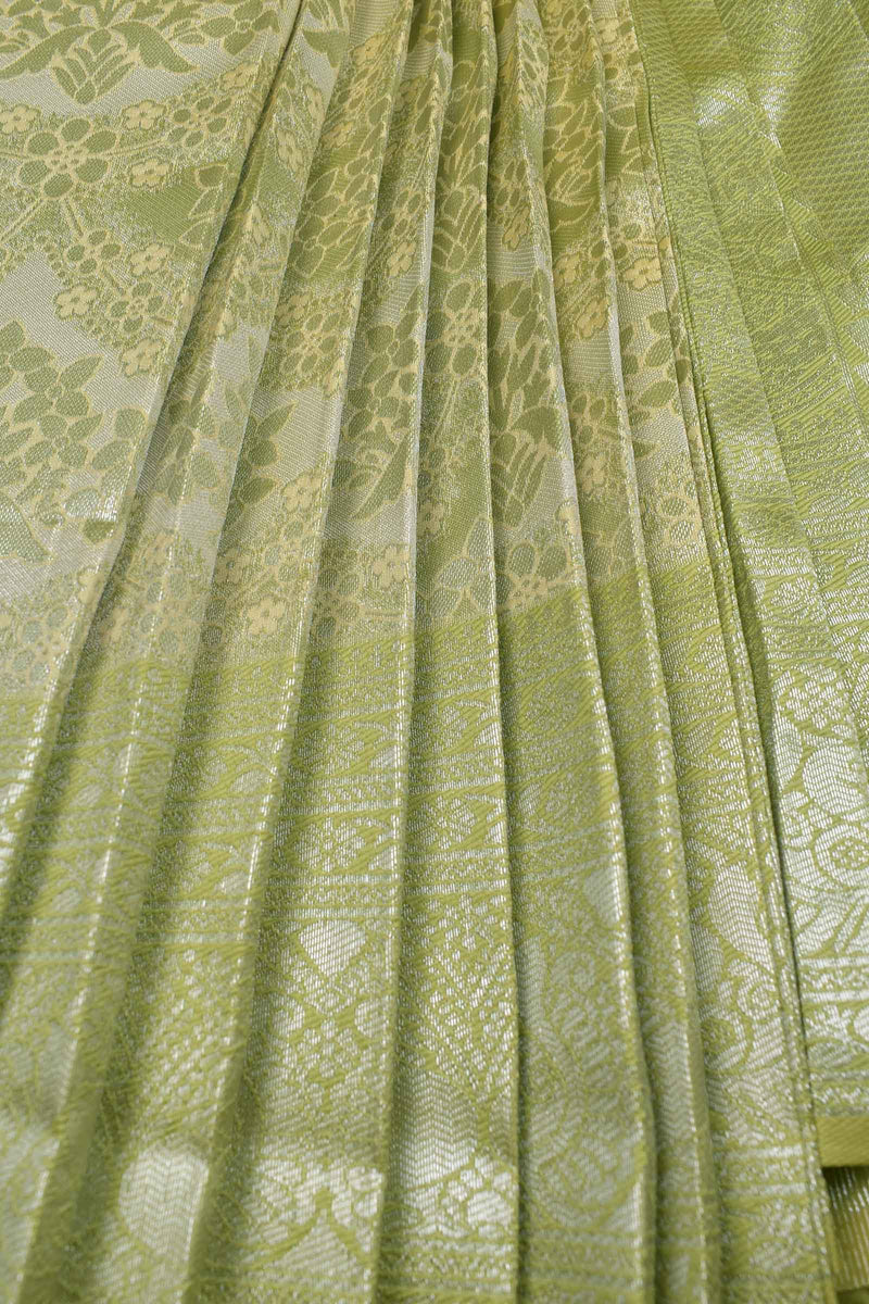 Moss Green With Silver Semi Silk Fancy Tissue Design Saree