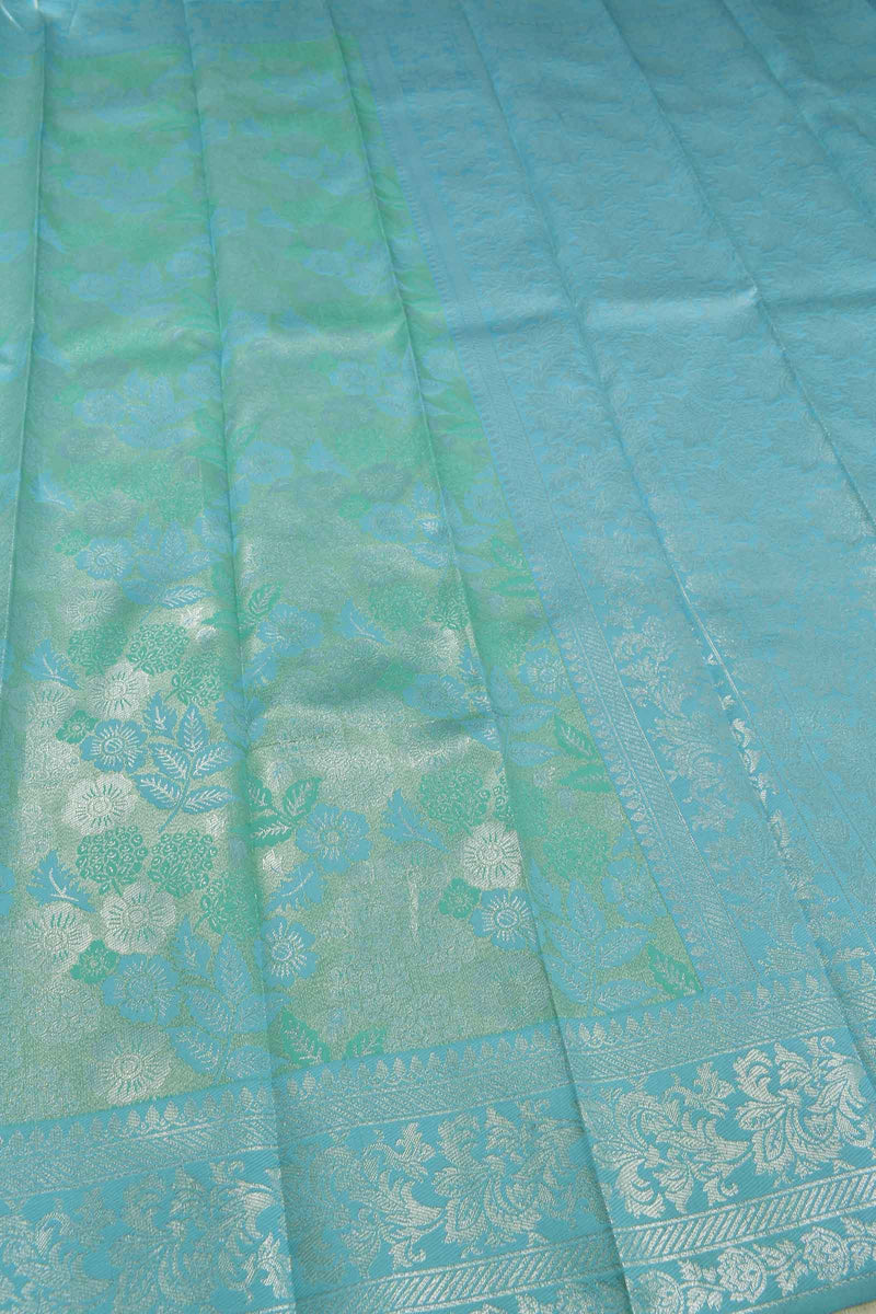 Blue With Light Green Semi Silk Floral Tissue Design Saree