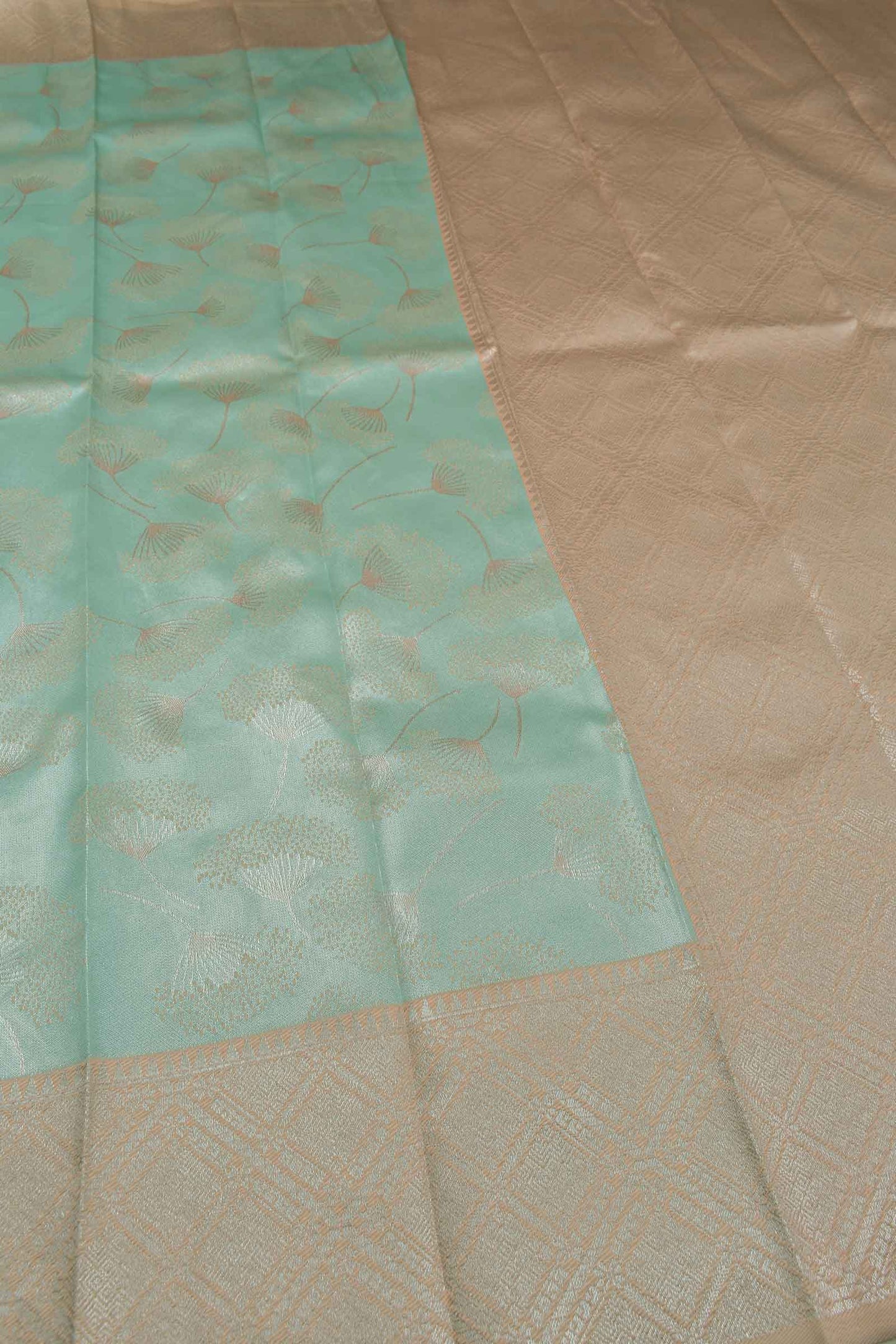 Marine Green With Beige Semi Silk Floral Tissue Peach Border Saree