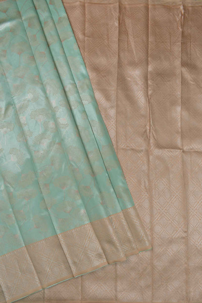 Marine Green With Beige Semi Silk Floral Tissue Peach Border Saree