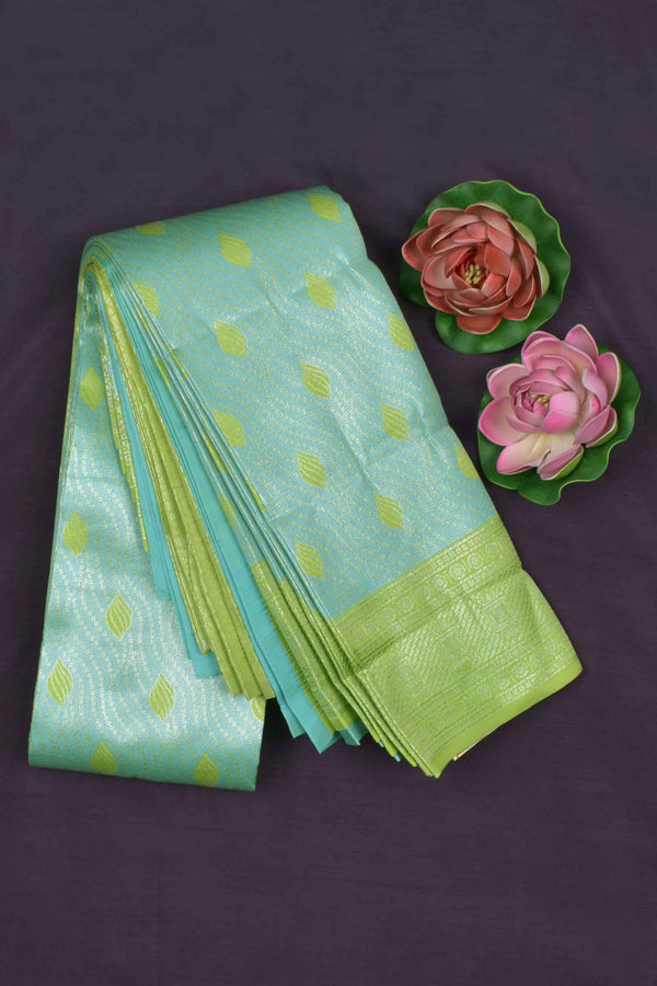 Sky Blue With Light Green Semi Silk Fancy Leaves Tissue Design Green Border Saree