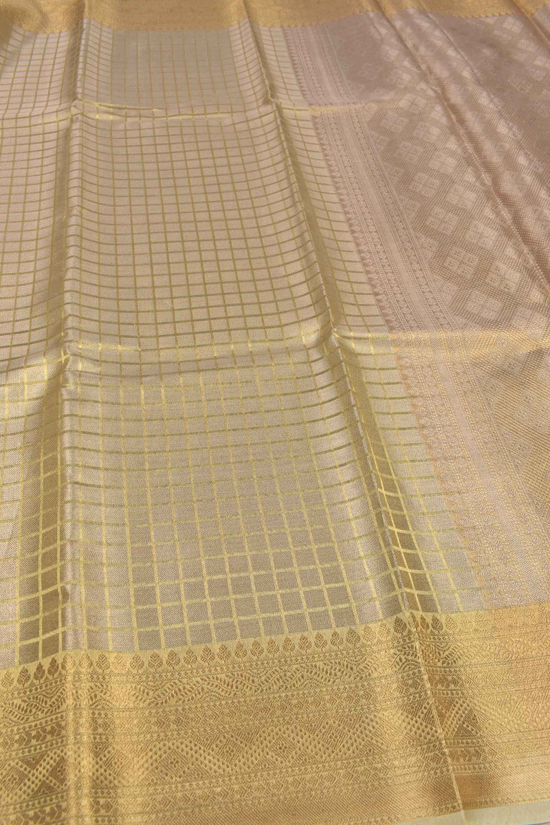 Golden Tissue Checks Sandal Border Banaras Saree