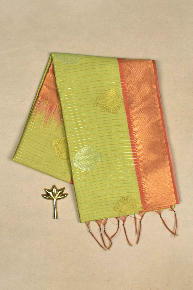 Green Semi Tussar Golden Lines Dual Butta Golden Pallu Saree