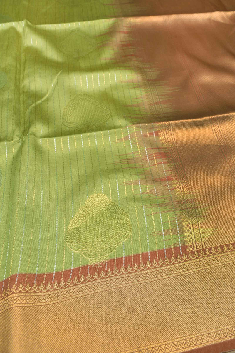 Green Semi Tussar Golden Lines Dual Butta Golden Pallu Saree