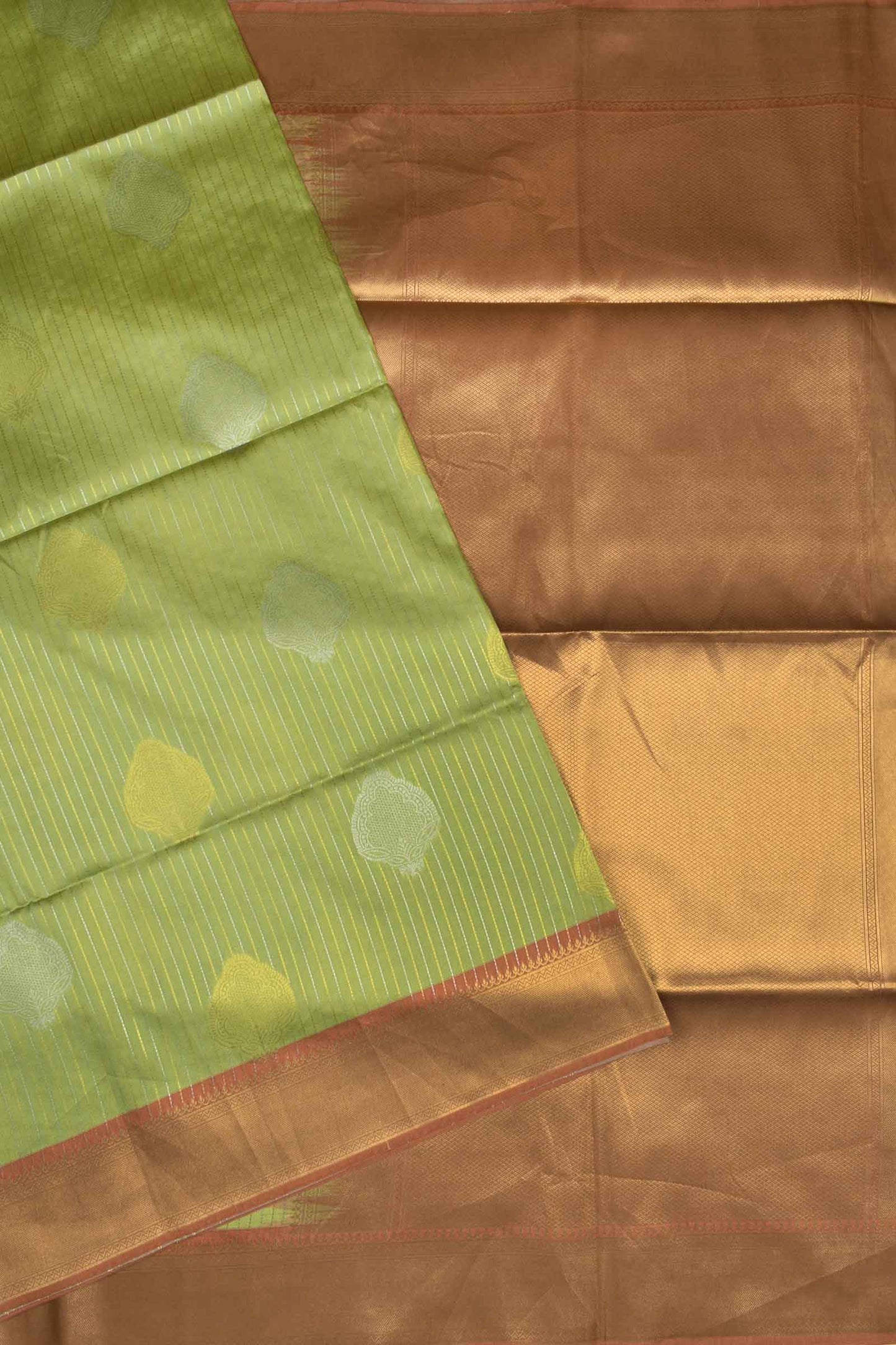 Green Semi Tussar Golden Lines Dual Butta Golden Pallu Saree