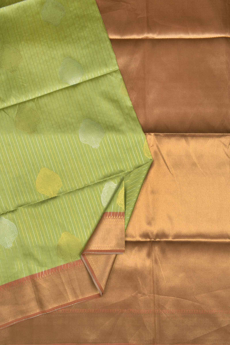 Green Semi Tussar Golden Lines Dual Butta Golden Pallu Saree