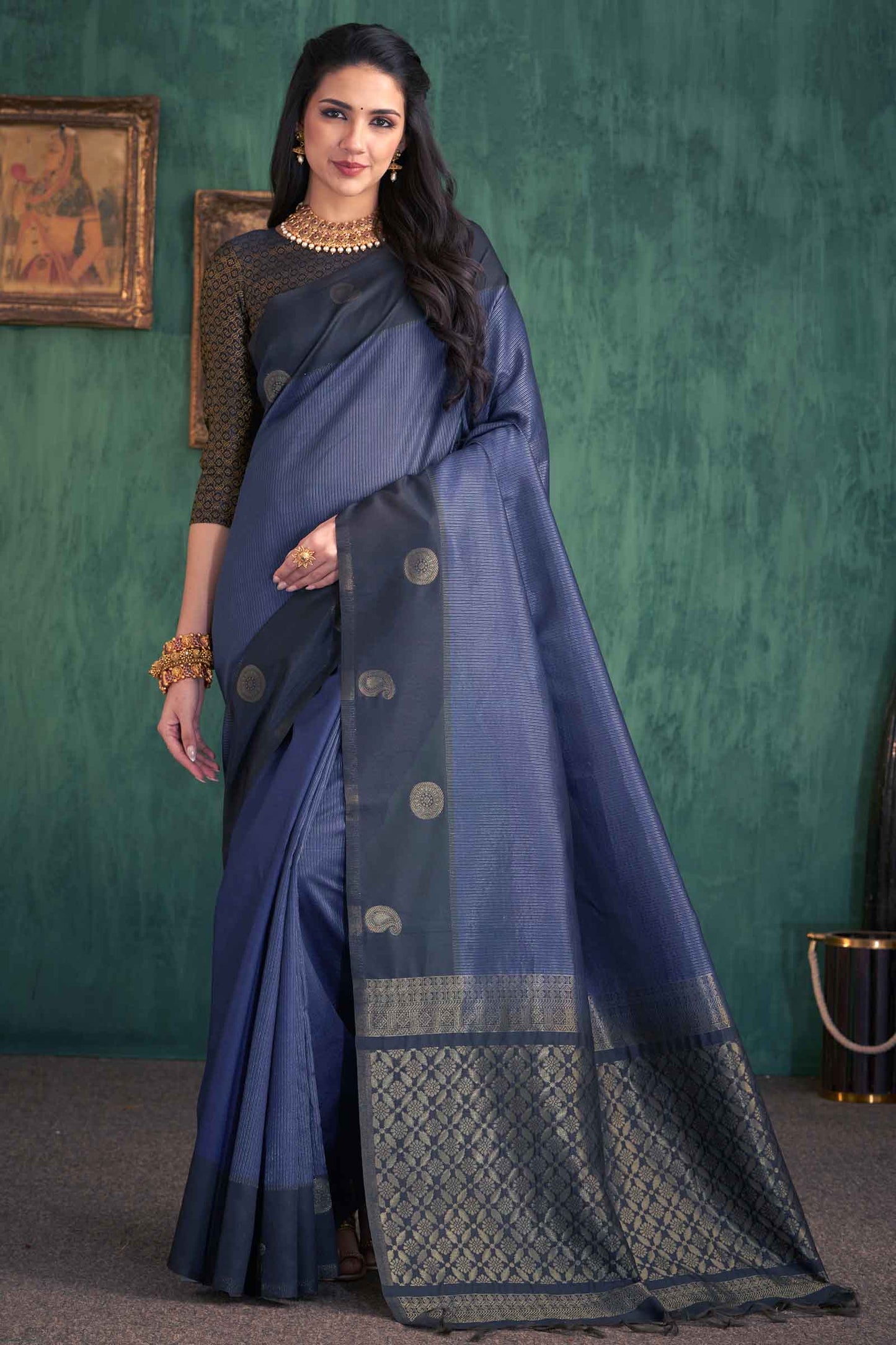 Navy Blue Semi Tussar Zari Lines Mango Border Rich Pallu Saree