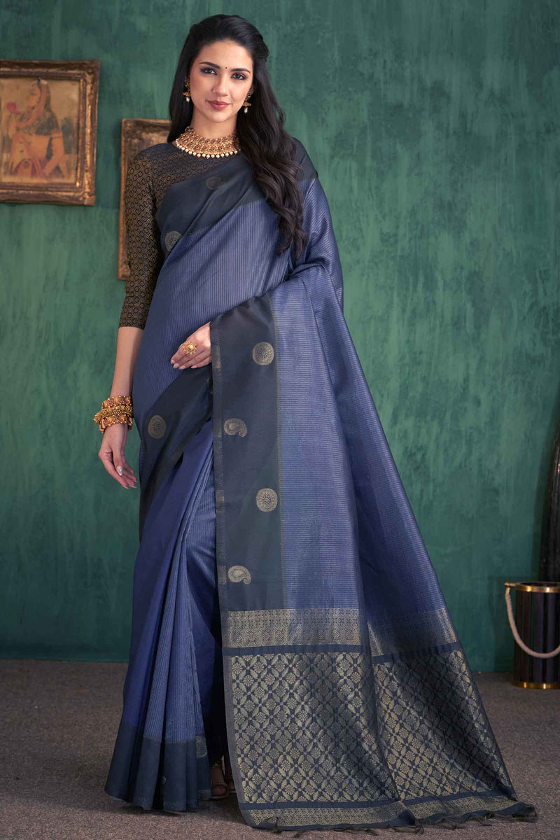 Navy Blue Semi Tussar Zari Lines Mango Border Rich Pallu Saree