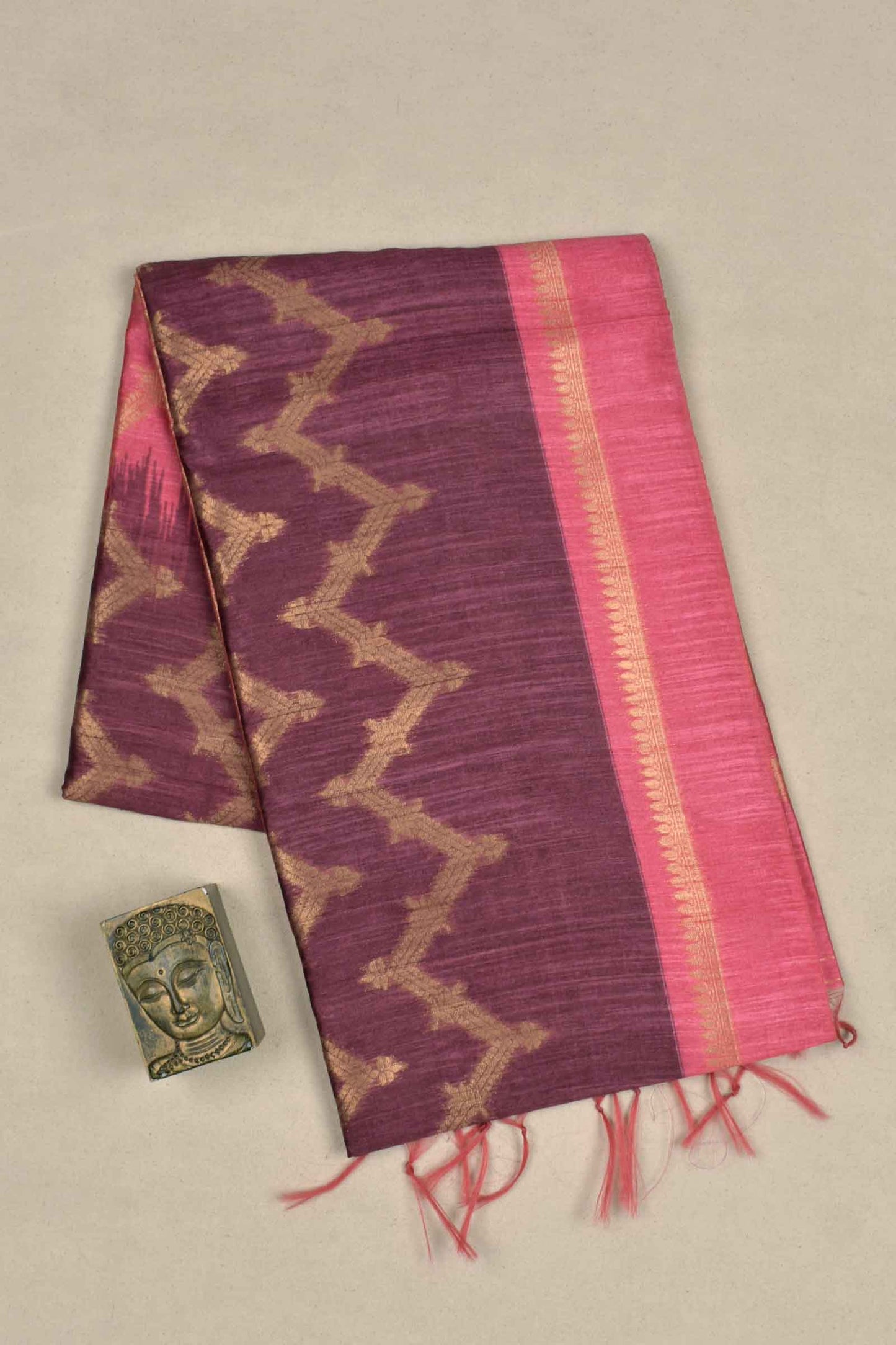 Wine Purple Semi Tussar Fancy Golden Waves Pink Pallu Saree