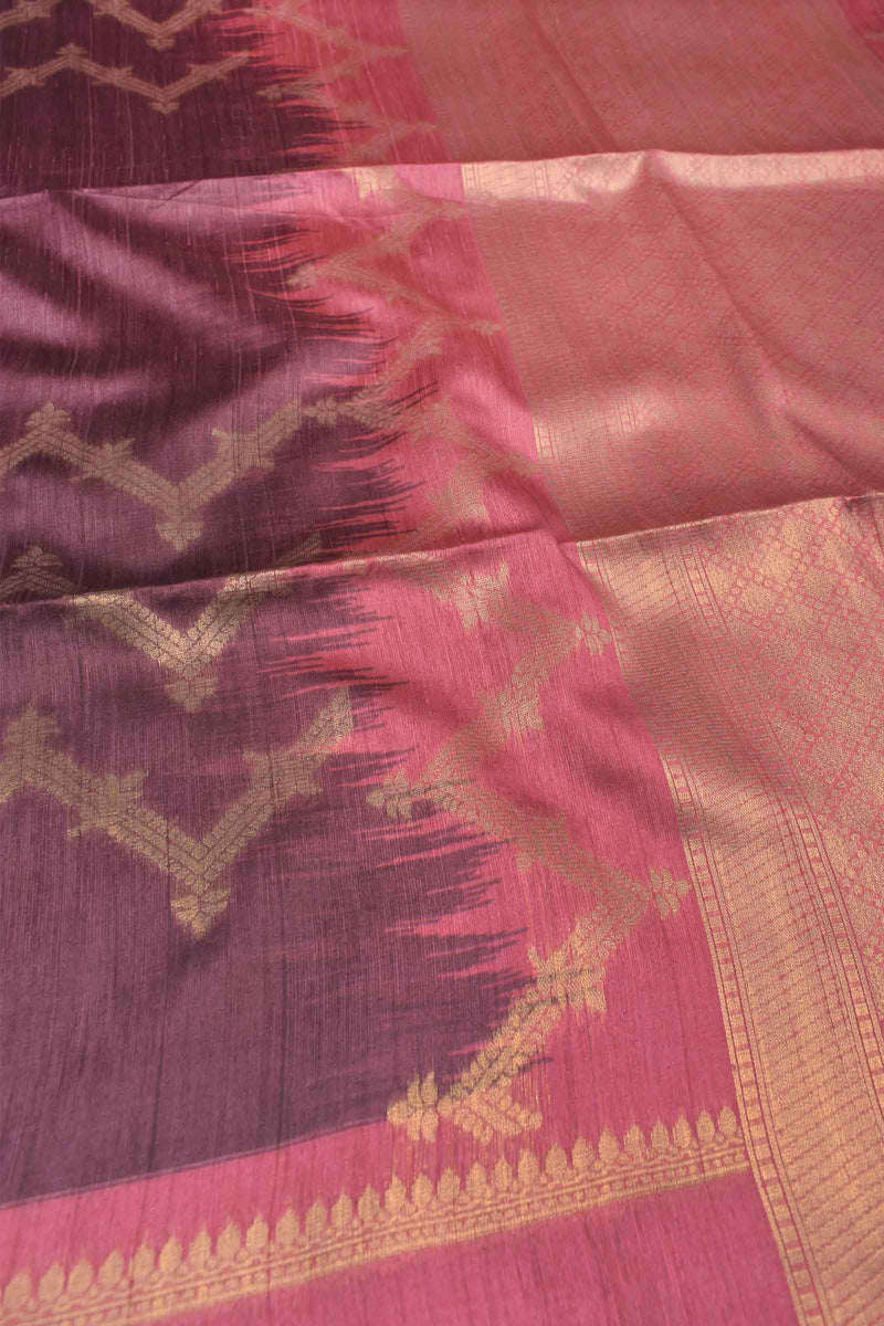 Wine Purple Semi Tussar Fancy Golden Waves Pink Pallu Saree