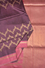 Wine Purple Semi Tussar Fancy Golden Waves Pink Pallu Saree