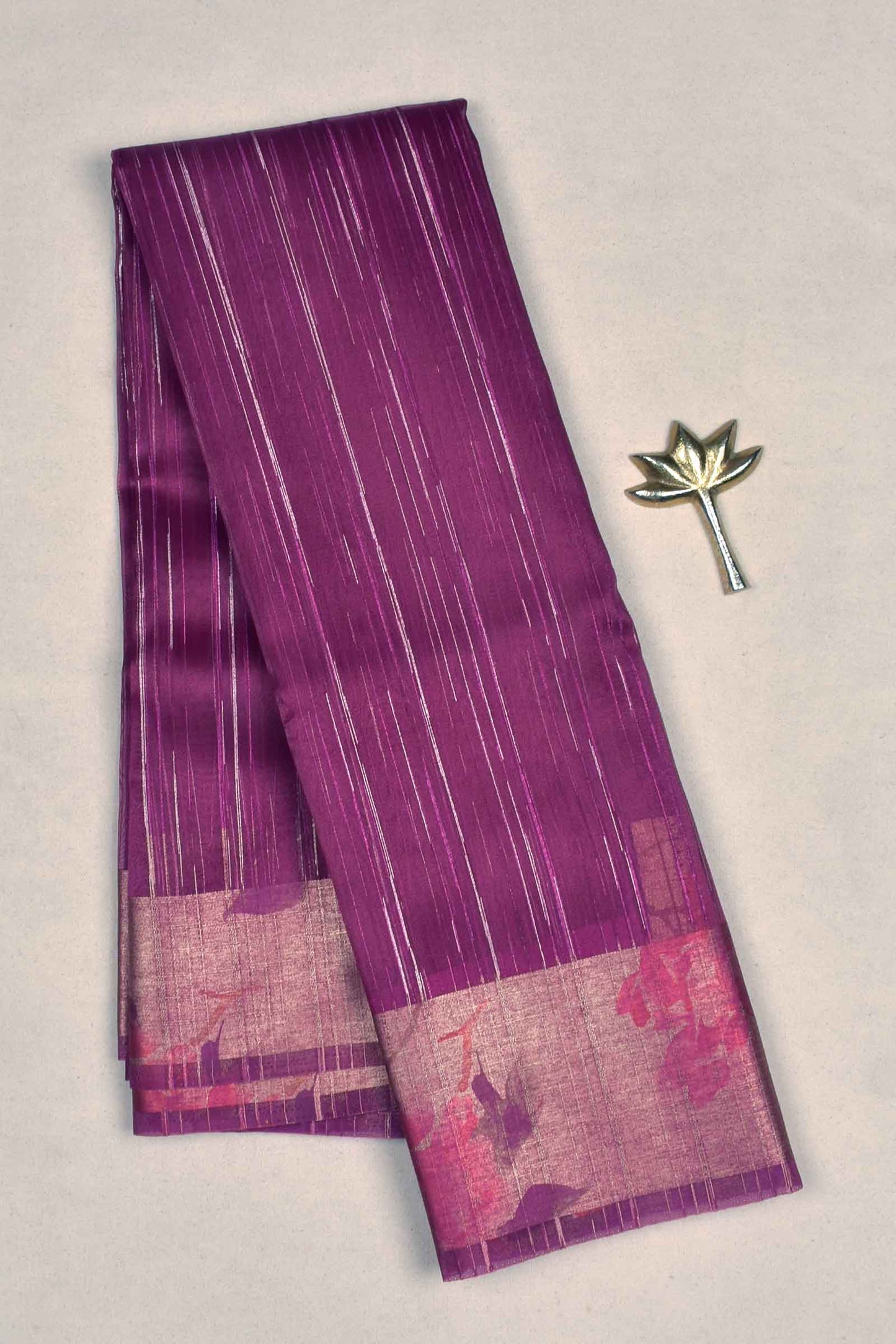 Wine Purple Organza Silk Rain Lines Floral Print Border Saree