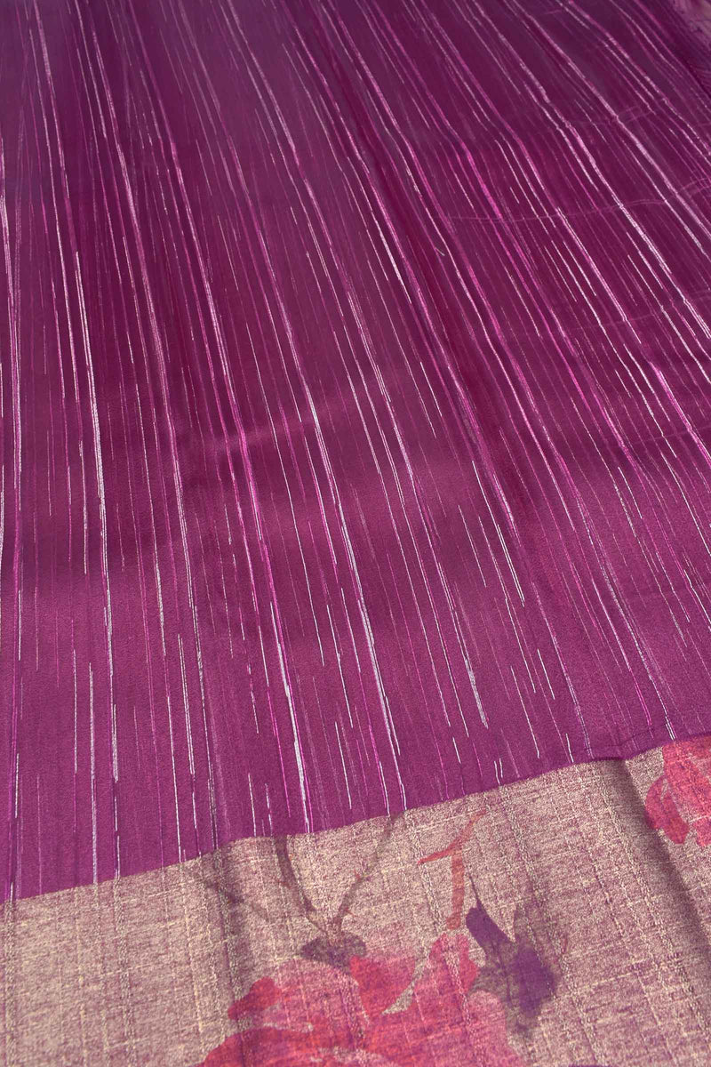 Wine Purple Organza Silk Rain Lines Floral Print Border Saree