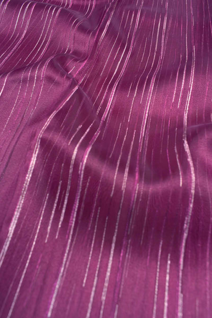 Wine Purple Organza Silk Rain Lines Floral Print Border Saree