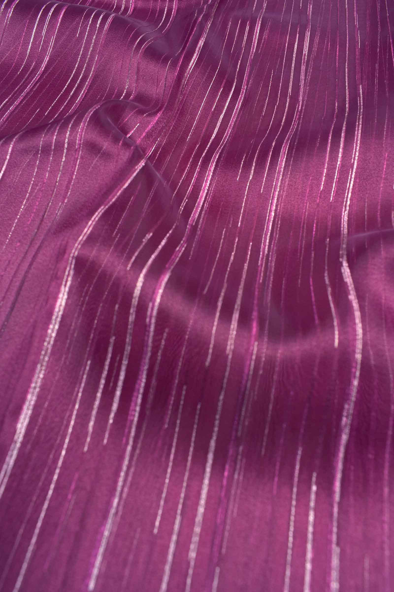 Wine Purple Organza Silk Rain Lines Floral Print Border Saree