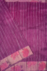 Wine Purple Organza Silk Rain Lines Floral Print Border Saree