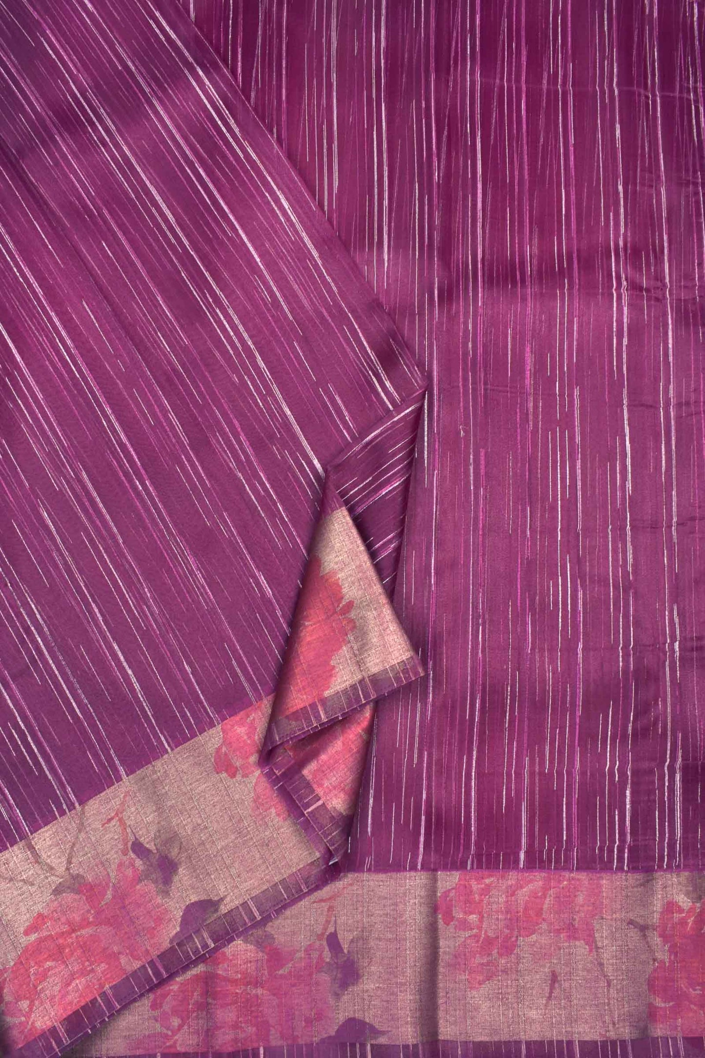 Wine Purple Organza Silk Rain Lines Floral Print Border Saree