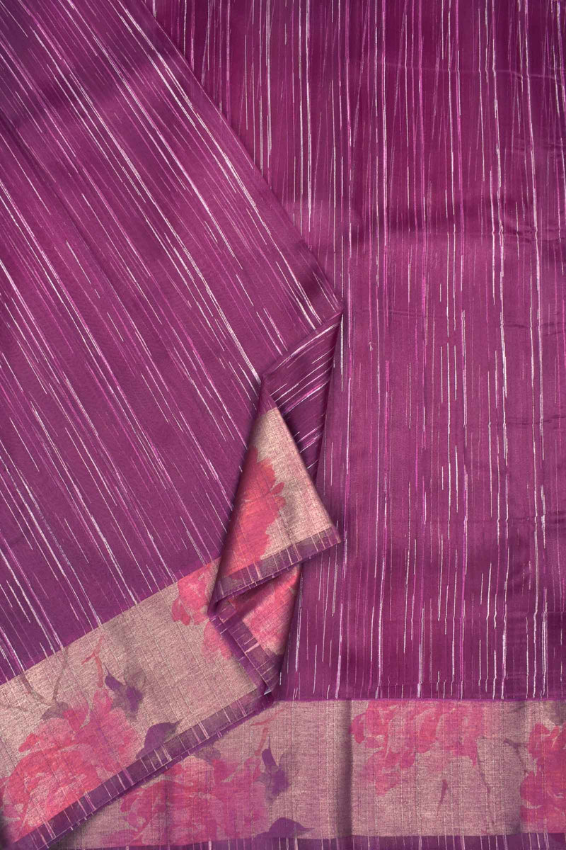 Wine Purple Organza Silk Rain Lines Floral Print Border Saree