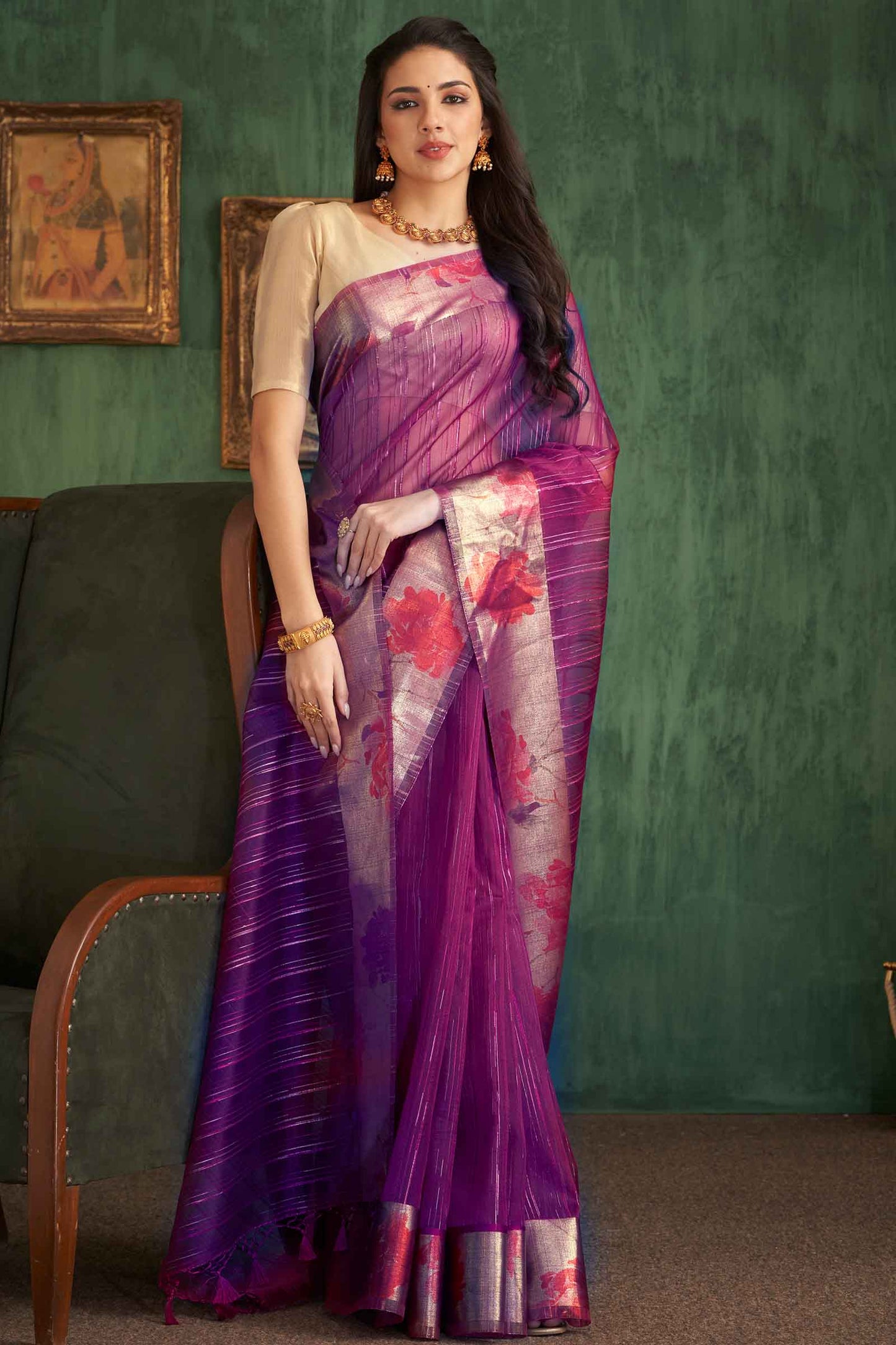 Wine Purple Organza Silk Rain Lines Floral Print Border Saree