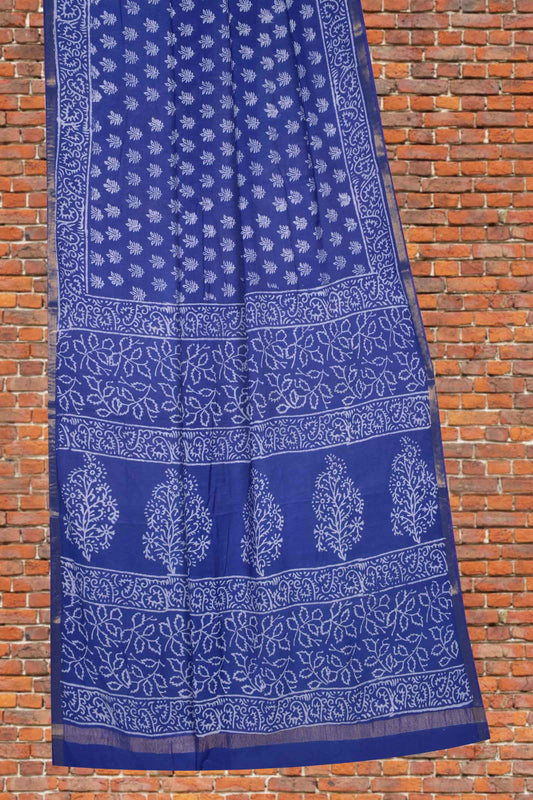 Navy Blue Chanderi Cotton Floral Leaves HandBlock Printed Saree