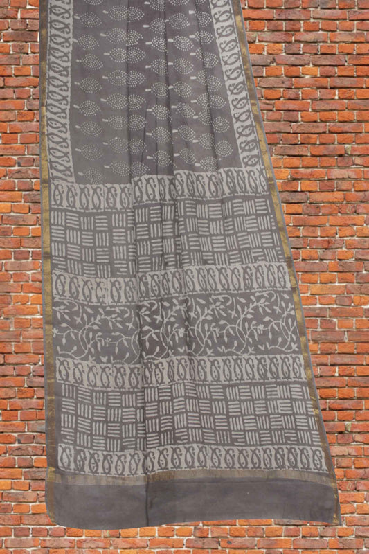 Grey Chanderi Cotton Tree HandBlock Printed Saree