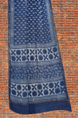 Indigo Blue Chanderi Cotton Floral Leaves HandBlock Printed Saree