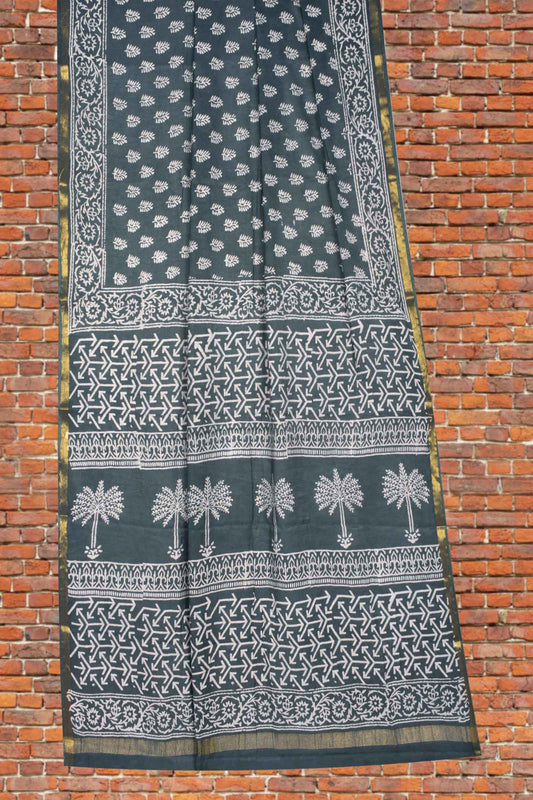 Dark Grey Chanderi Cotton Floral Leaves HandBlock Printed Saree