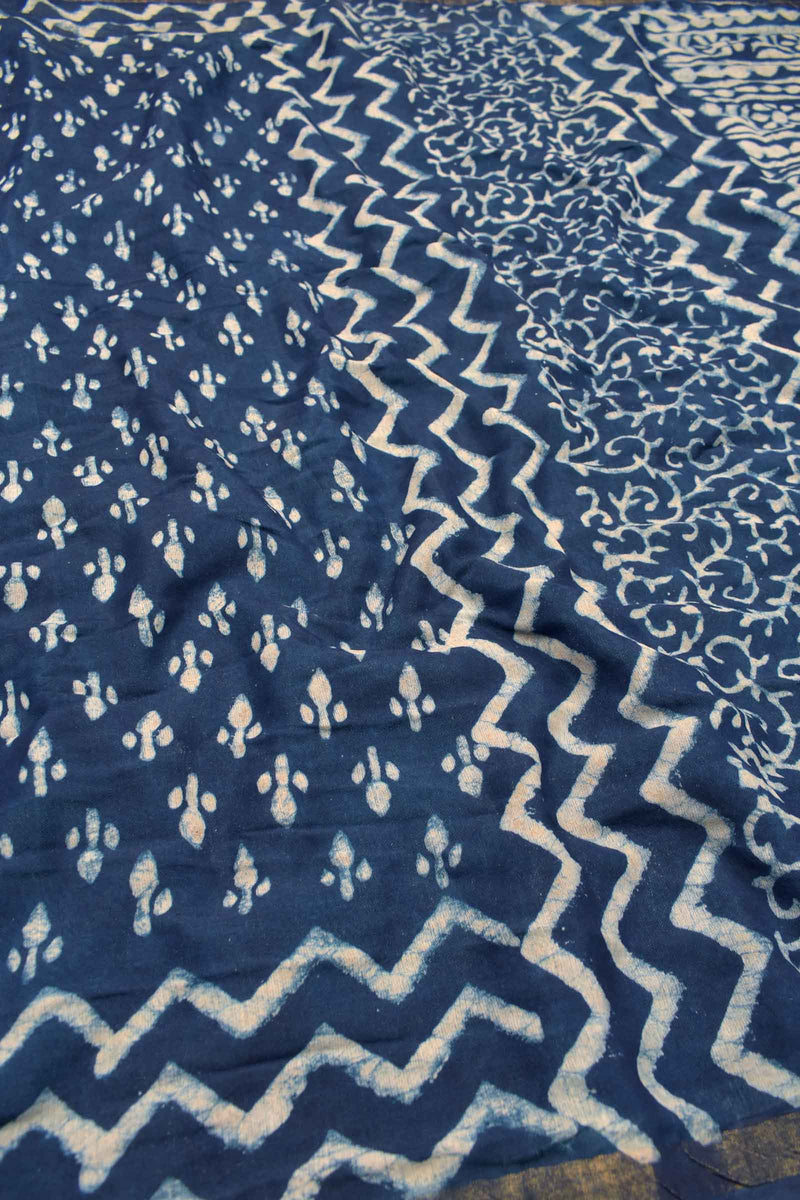 Indigo Blue Chanderi Cotton HandBlock Printed Waves Pallu Saree