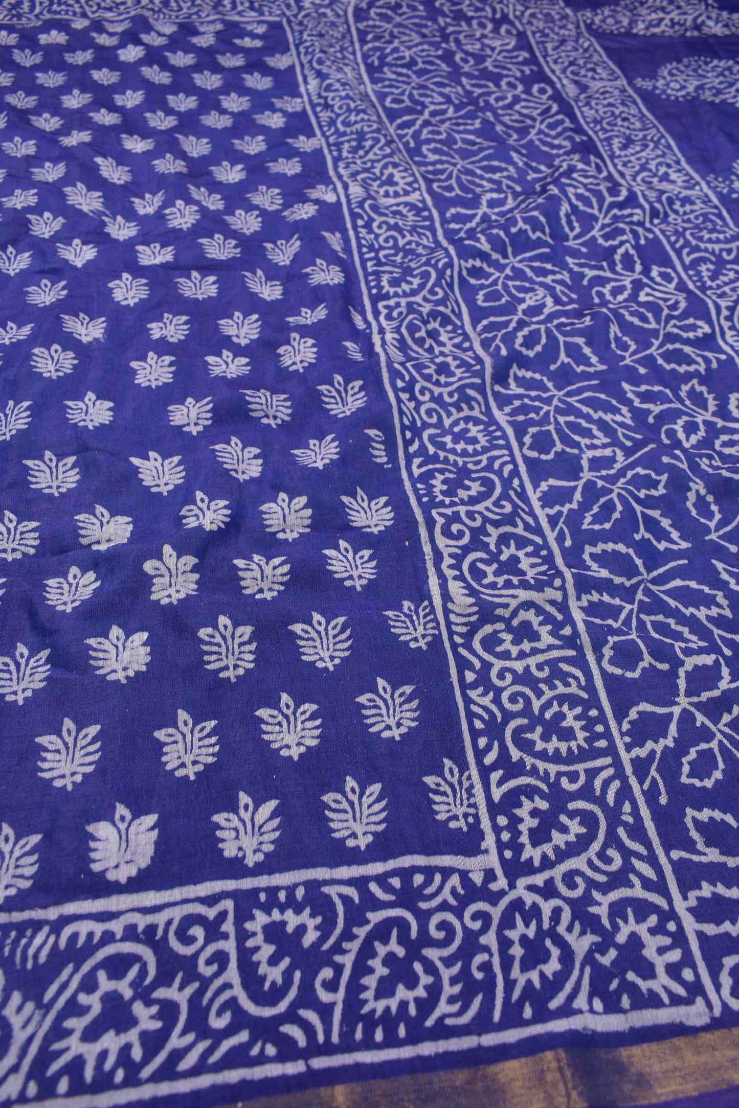 Navy Blue Chanderi Cotton Floral Leaves HandBlock Printed Saree