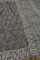 Grey Chanderi Cotton Tree HandBlock Printed Saree