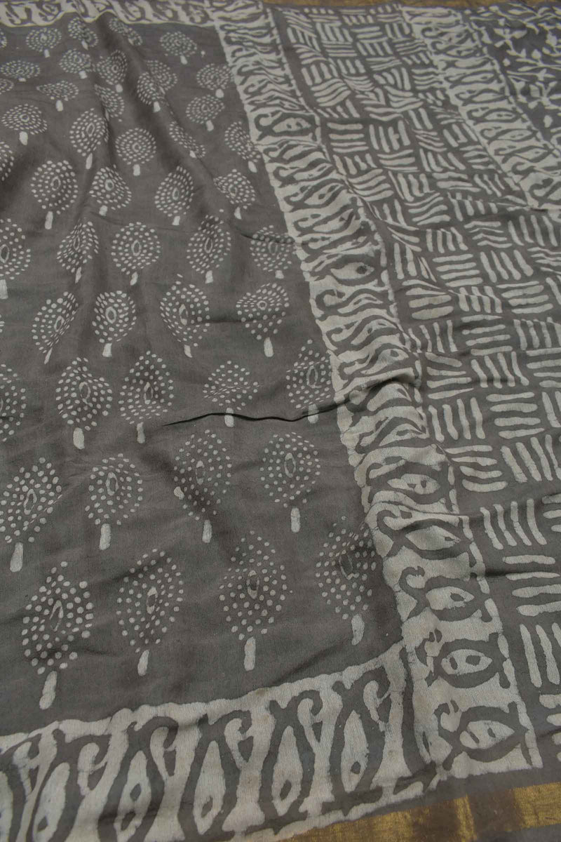 Grey Chanderi Cotton Tree HandBlock Printed Saree