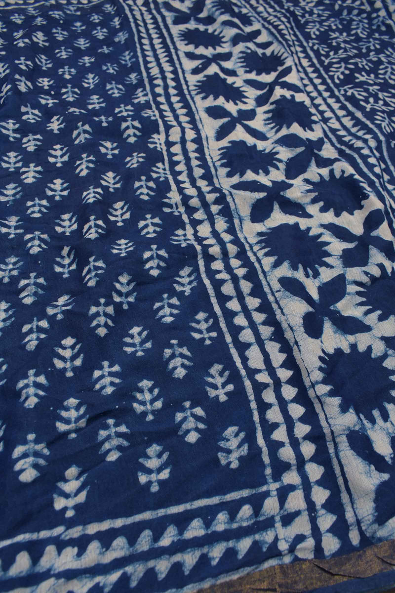 Indigo Blue Chanderi Cotton Floral Leaves HandBlock Printed Saree