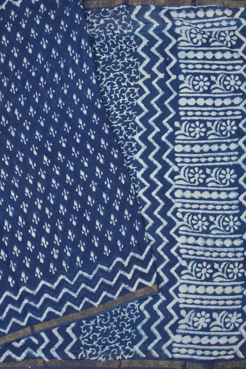 Indigo Blue Chanderi Cotton HandBlock Printed Waves Pallu Saree