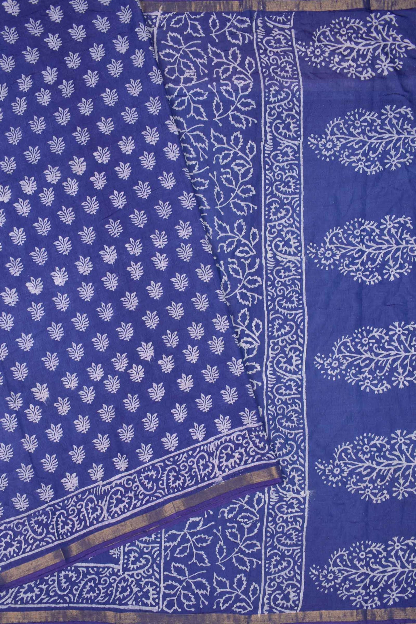 Navy Blue Chanderi Cotton Floral Leaves HandBlock Printed Saree