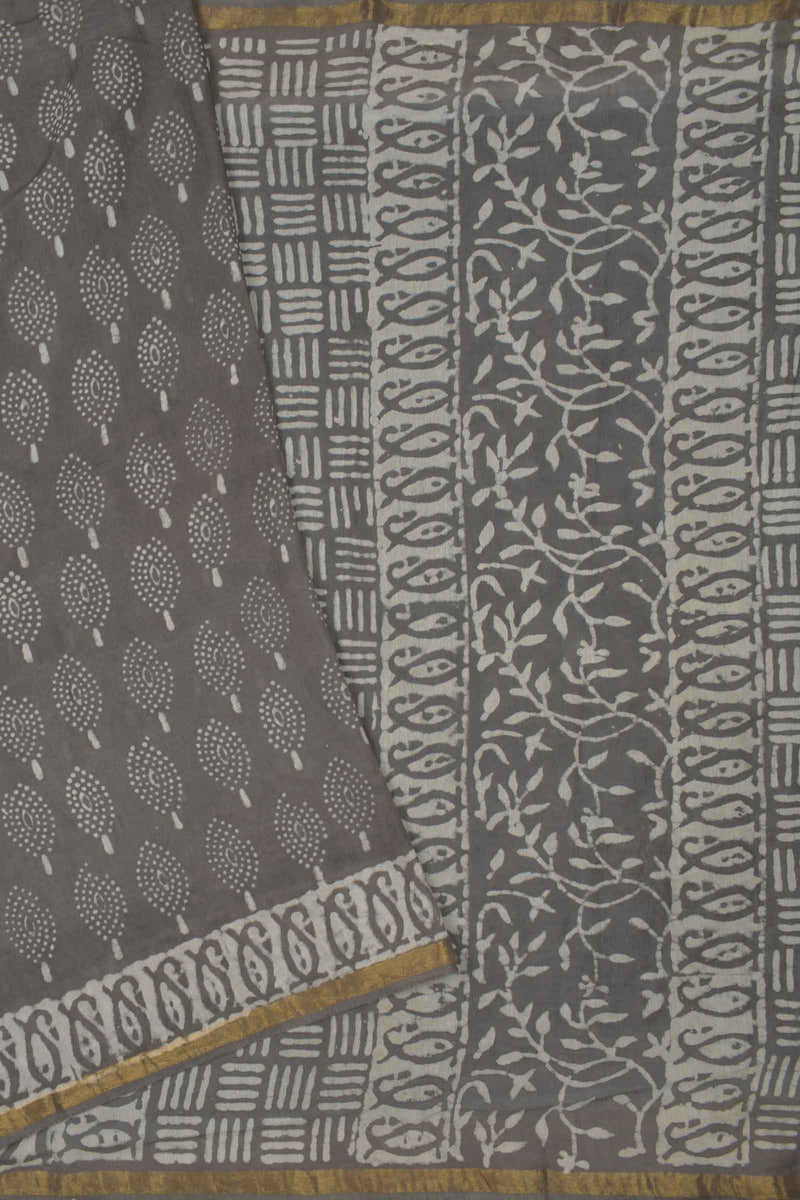 Grey Chanderi Cotton Tree HandBlock Printed Saree