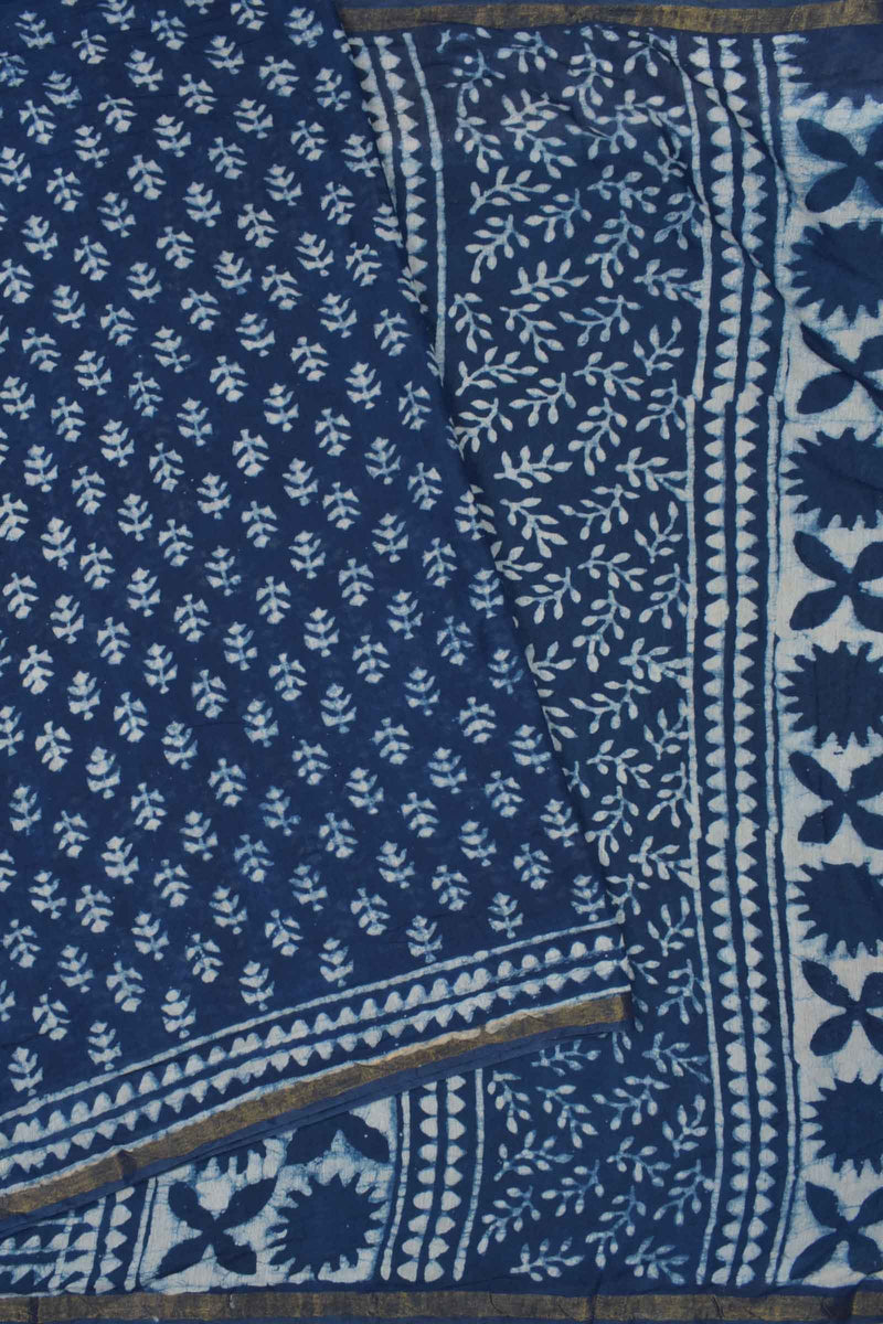 Indigo Blue Chanderi Cotton Floral Leaves HandBlock Printed Saree