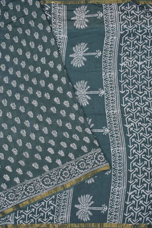 Dark Grey Chanderi Cotton Floral Leaves HandBlock Printed Saree