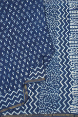 Indigo Blue Chanderi Cotton HandBlock Printed Waves Pallu Saree